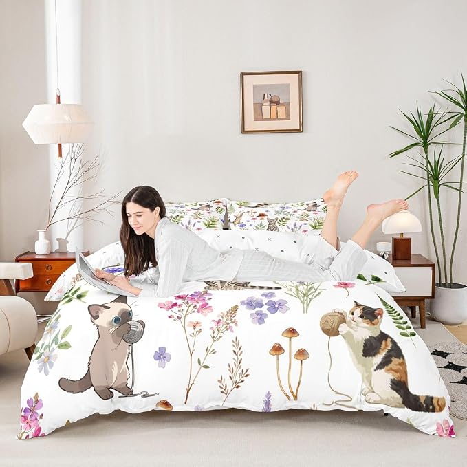 Erosebridal Cute Cat Bedding Set Full Kitten Cat Lovers Duvet Cover Nature Watercolor Florals Comforter Cover for Kids Girls Boys Adults Pet Animals Bed Set