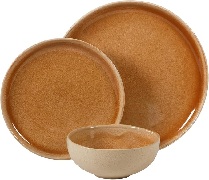 Gibson Elite Manila Bay 12-Piece Stoneware Dinnerware Set, Service for 4, Reactive Glaze Modern Artisan Plates, Bowls & Mugs, Orange, Round Design