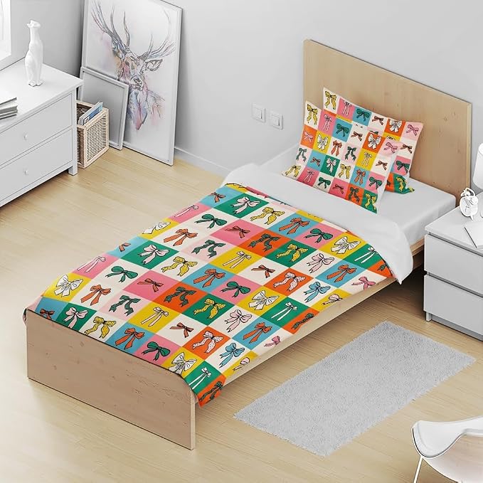 Cute Colorful Bow Bedding Set Queen Size Teal Green Blue Red Bow Comforter Covers Set for Kids Girls Women Trendy Coquette Preppy Room Decor Quilt Bed Cover Girly Bedroom Decor 88"x88"