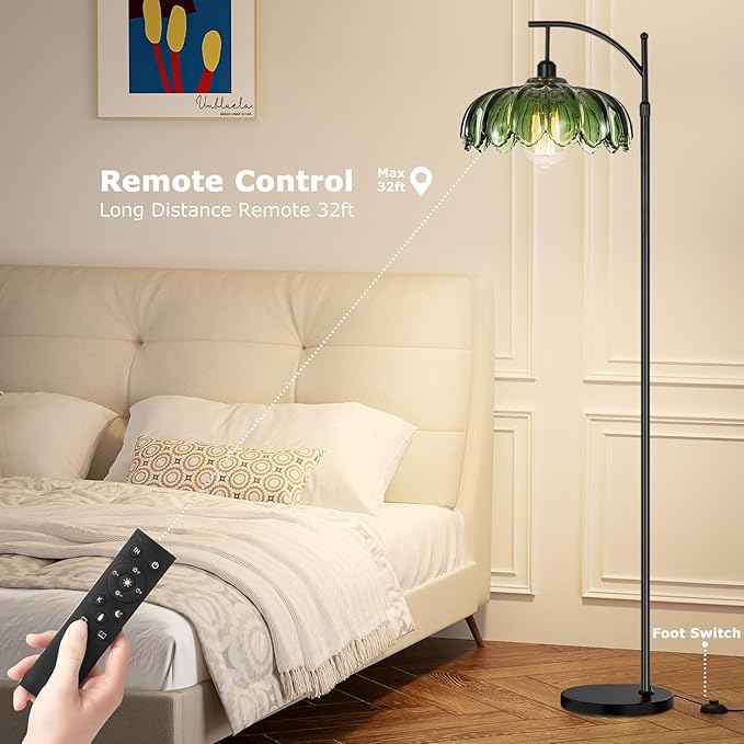 Glass Floor Lamp for Living Room,Bedroom,Mid Century Modern Standing Lamp with Remote,Dimmable Black Tall Lamp Lamp Vintage Retro Arc Floor Lamps Flower Floor Light Boho Bohemian