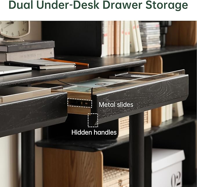 Solid Oak Wood Writing Desk, Smoky Black Home Office Desk with 2 Drawers, Ideal for Work Study Bedroom 47.24" W
