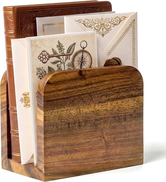 Acacia Wood Mail Organizer Countertop -Small Letter Holder for Desk, Rustic Farmhouse Decor, Upright Bill postcards, and notepads Stand for Entryway & Office，Also Works as Napkin Holder