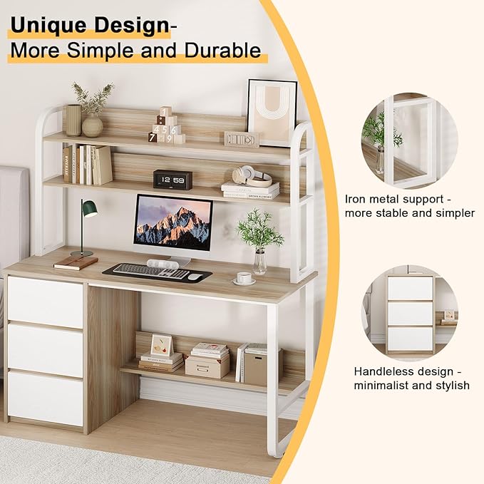 MaverickFurni Computer Desk with 3 Drawers and Shelves, 55 Inch Desk with Hutch for Small Spaces, Study Writing Desk with Shelves for Bedrrom, Adjustable Feet, Light Walnut