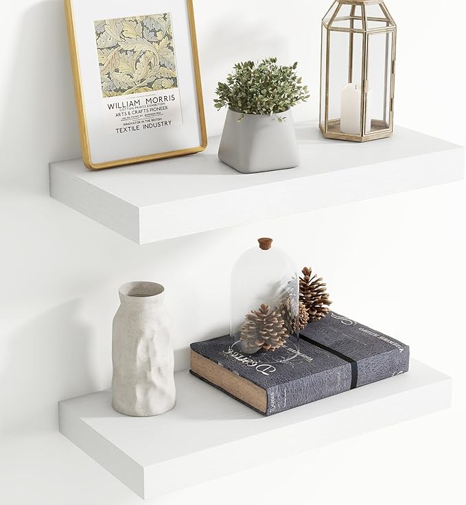 20 Inch Floating Shelves for Wall, 8 Inch Deep Floating Shelf for Storage & Display, Rustic Wall Mounted Shelf with Invisible Brackets for Living Room, Kitchen, Bathroom, Home Decor, Set of 2, White