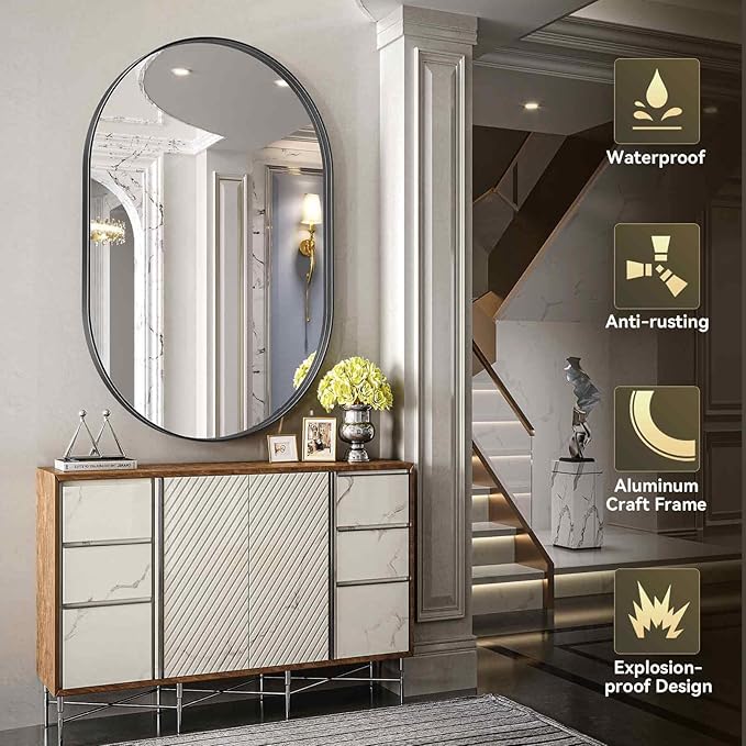 Brightify Black Oval Mirror for Bathroom 26x38 Inch, Metal Framed Bathroom Vanity Mirrors, Modern Wall Mirror for Bedroom Living Room Wall Decorative Hang Vertical and Horizontal