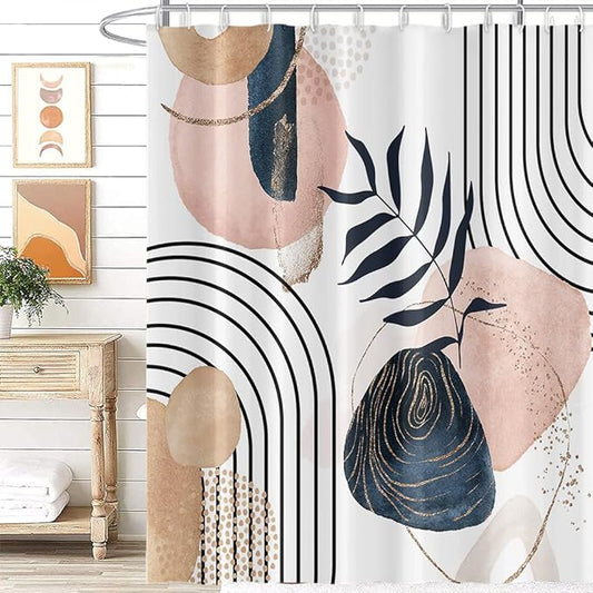 Abstract Mid Century Shower Curtain Boho Eucalyptus Leaves Botanical Black Geometric Lines Pattern for Minimalist Bathroom Decor Accessories Shower Curtain Set with 12 Hooks, 72x78 Inches