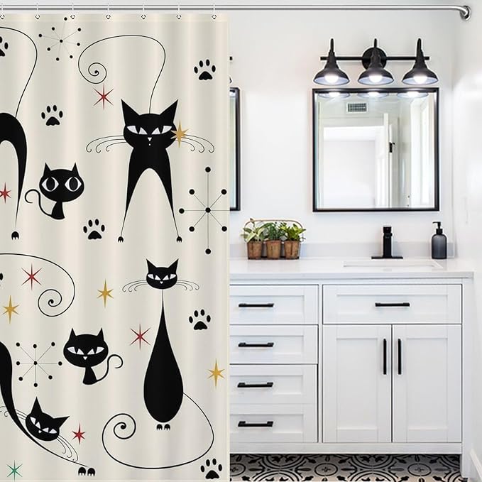 Mid Century Modern Shower Curtain,Retro Atomic Cat Star Paw Print Retro Abstract Geometric 1960s Fabric Bathroom Decor Curtains with Hooks 72x72in（183x183cm）