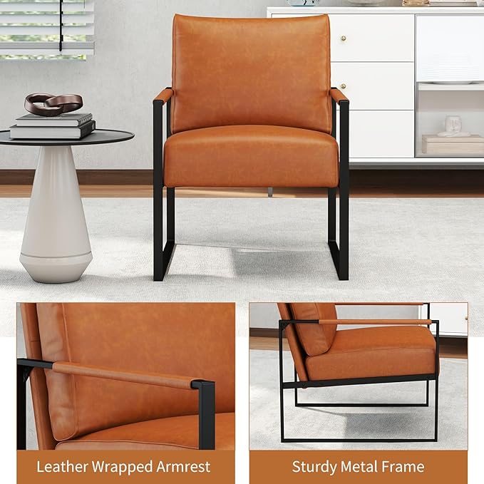 CANMOV Modern Accent Chair Set of 4, PU Leather Armchair with Metal Frame,Comfy Single Reading Chair with Soft Padded Backrest and Cushion for Living Room, Bedroom,Reading Room,Office,Brown