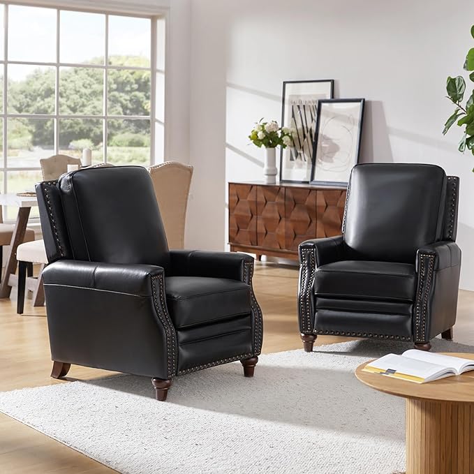 HULALA HOME Genuine Leather Recliner Chair, Classic Push Back Recliner Armchair with Thick Seat and Backrest (Black)