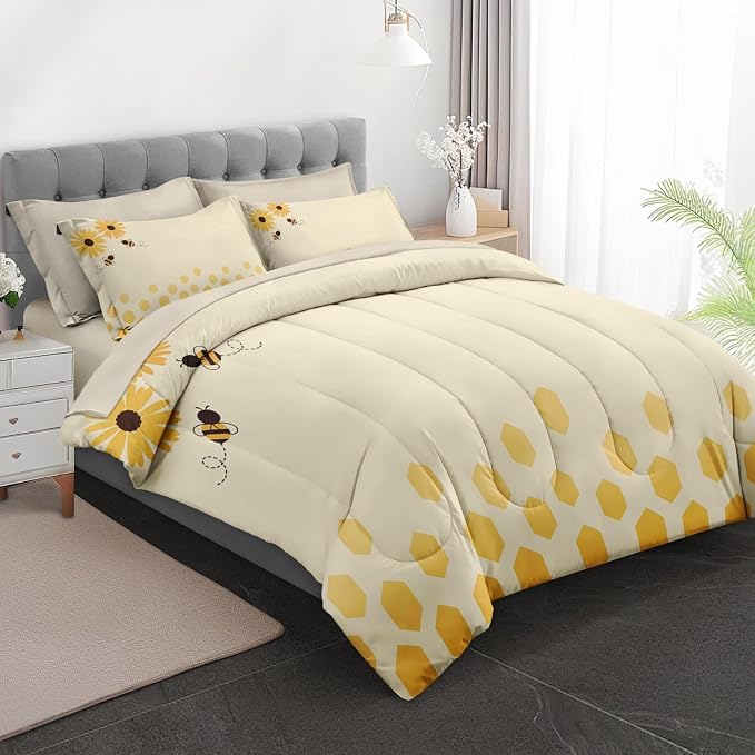 5Pcs Comforter Set Twin Size, Honey Bee Themed Yellow Sunflower, Bedding Decor Cute Daisy Flower Bumble Honeycomb Bedroom Bed Set Flat Sheet Fitted Sheet Pillowcases Shams for Kids and Adults