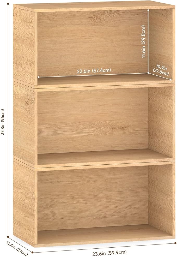 3 Cube Organizer Bookcase, Expandable Storage Shelves, Wooden Open Shelving Unit Book Shelf for Living Room, Office, Bedroom, Mid-Century Style Wood Furniture, Natural Oak Color (1 Set)