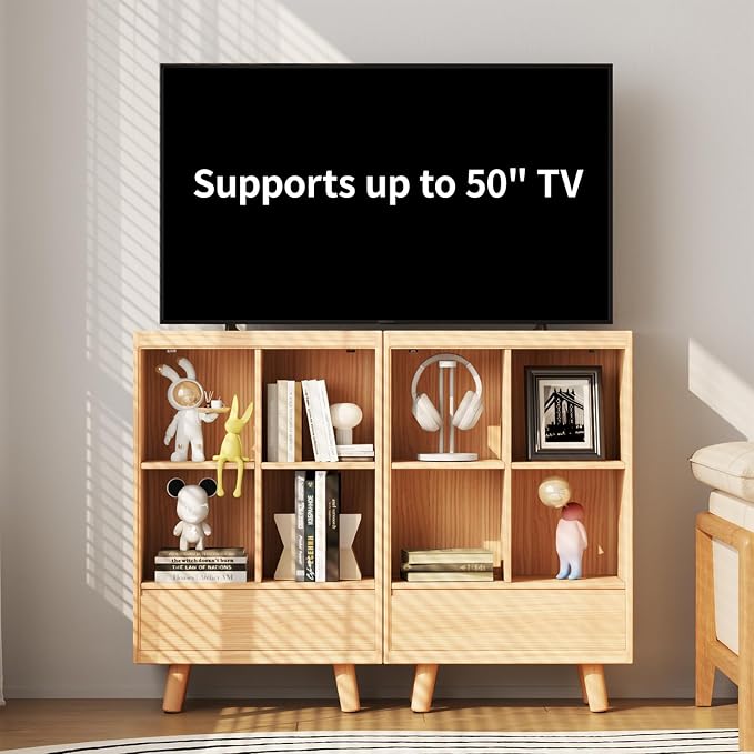 YOSHOOT 4 Cube Bookshelf with 1 Drawer - 21.7" Wood Cube Bookcase with Legs, Open Cubby Bookshelves for Bedroom, Living Room,Home Office, Nature