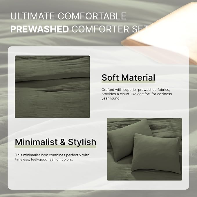 WRENSONGE Double Twin XL Comforter Set - 4 Pieces Prewashed Olive Green Bedding Set for All Seasons Soft Lightweight 2 Comforters (55" x 90") with 2 Pillow Shams