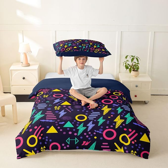 Retro 80s Style Bedding Set Twin,Abstract Geometric Pattern Duvet Cover Urban Modern Design with Circles and Triangle Comforter Cover Colorful Pop Art Inspired Pattern Quilt Cover for Boys Child