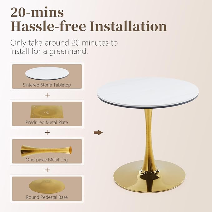 31.5 Inch Round Dining Table,Mid-Century Tulip Table with Metal Pedestal Base,Modern Leisure Table for Small Space Kitchen Dining Room,Easy Assembly,Gold and White