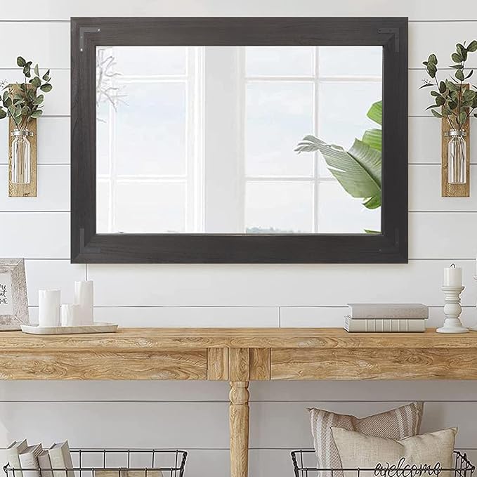 YOSHOOT Rustic Wooden Framed Wall Mirror, Natural Wood Bathroom Vanity Mirror for Farmhouse Decor, Vertical or Horizontal Hanging, 53" x 28", Black