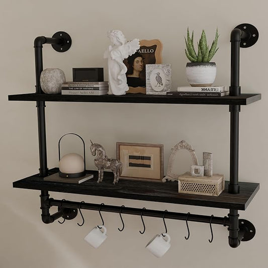 ROGMARS Industrial Pipe Shelving Pine Wood Floating Shelves for Wall, 30 inch Kitchen Wall Mounted Shelves Bathroom Shelves with Towel Bar Coffee Bar Shelf with Hooks for Living Room Bedroom
