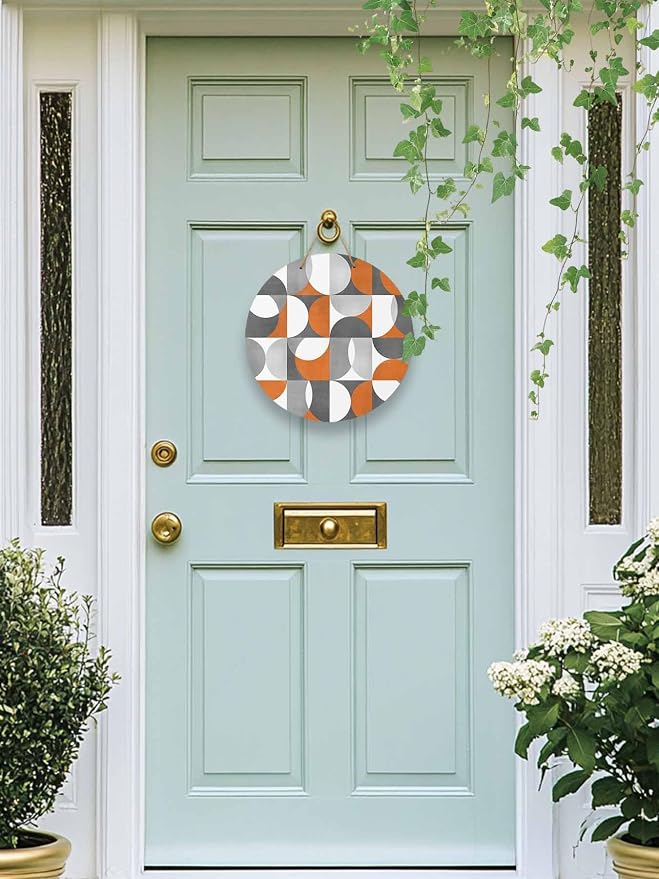 Welcome Sign for Front Door Mid Century Geometric Wood Door Hanger for Outdoor Outside Porch,12 Inch Round Wooden Wreath Indoor Wall Hanging Decoration, Abstract Modern Orange