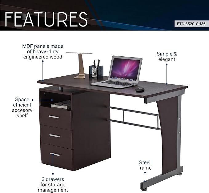 48" W Computer Desk with Drawers, Home Office Desk with Storage, Heavy Duty and Water Resistant Study Table, Chocolate Brown