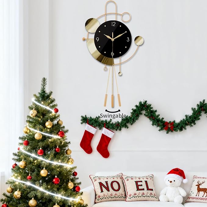 SIN&MI Wall Clock with Pendulum,Silent Non Ticking Battery Operated Modern Large Wall Clocks for Living Room Bedroom Farmhouse Office Kitchen Home Wall Decor-13.3 * 22.4 Inch(Golden)