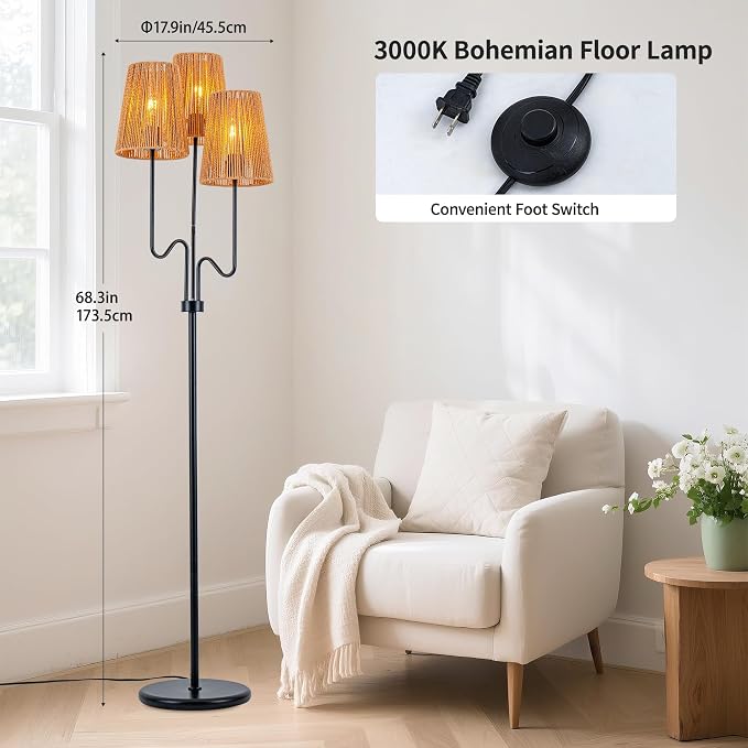 MAYNA 68" Boho Rattan Floor Lamp, 3-Light Black Tree Floor Lamp with Hand-Woven Wicker Shades, Tall Standing Lamp with Foot Switch for Living Room, Bedroom, Nursery, Rustic Farmhouse Decor