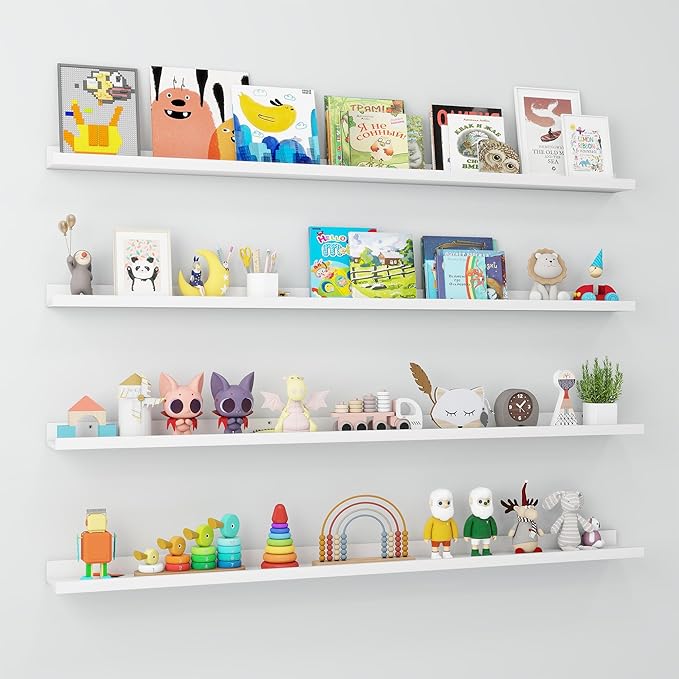 Axeman Picture Ledge Shelf | 55 Inch White Floating Shelves Set of 4 | Rustic Wood Wall Shelves with Lip | 55" White Picture Shelves for Wall with Ledge | Photo Shelves