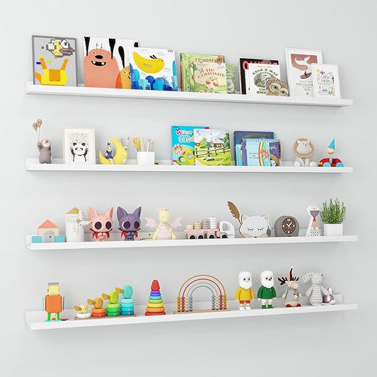 Axeman Picture Ledge Shelf | 55 Inch White Floating Shelves Set of 4 | Rustic Wood Wall Shelves with Lip | 55" White Picture Shelves for Wall with Ledge | Photo Shelves