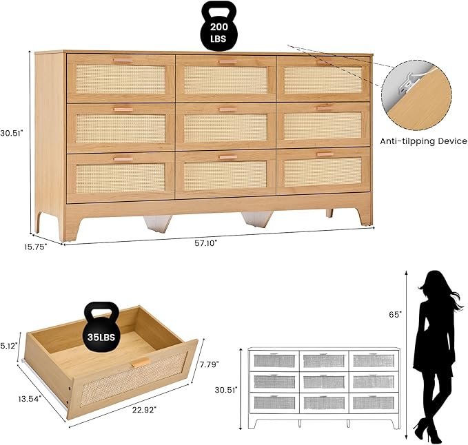 Dresser for Bedroom with 9 Drawers – Wide Chest of Drawers with Pulls Handles, Solid Wood Legs, Easy Assembly, Farmhouse Tall Dressers for Closet, Living Room,Hallway and Entryway Natural oak