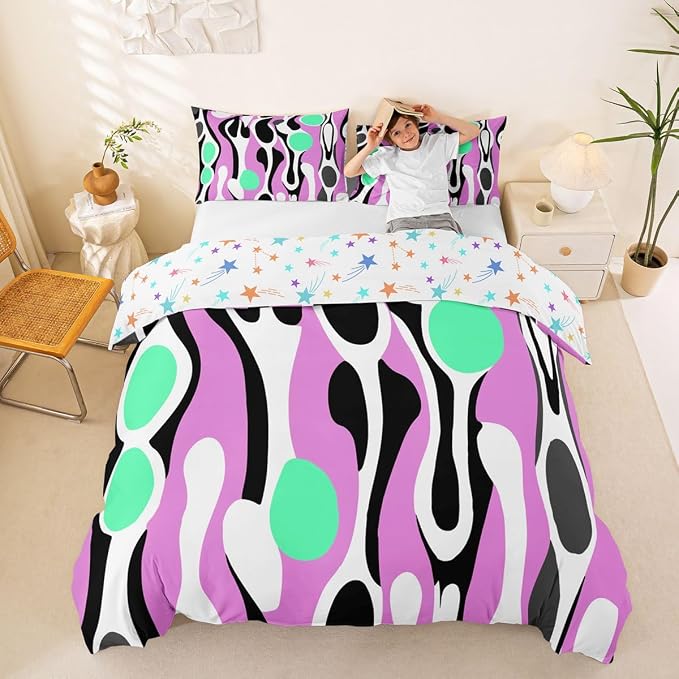 Erosebridal Organic Geometric Duvet Cover Set Modern Abstract King Bedding Set for Adult Men Retro Mid Century Comforter Cover Modern Fluid Art Irregular Circles Bed Sets,Lavender Green