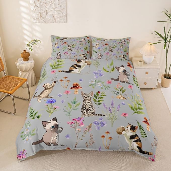 Erosebridal Cute Cat Duvet Cover King Lovely Kitten Cat Lovers Bedding Set Boho Watercolor Floral Comforter Cover for Kids Girls Boys Adults Kawaii Pet Animal Bed Set