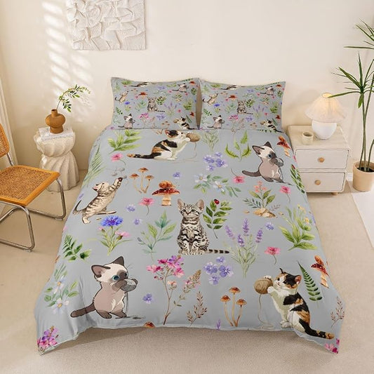 Erosebridal Cute Cat Duvet Cover Full Lovely Kitten Cat Lovers Bedding Set Boho Watercolor Floral Comforter Cover for Kids Girls Boys Adults Kawaii Pet Animal Bed Set