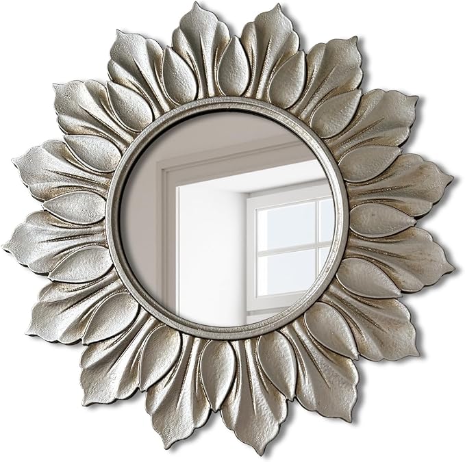 Sunflower Sunburst Wall Mirror, 22" Distressed Silver Wooden Frame, Handcrafted Petal Floral Design, Vintage Farmhouse Style Mirror for Wall Decor for Living Room, Bedroom, Bathroom, Vanity