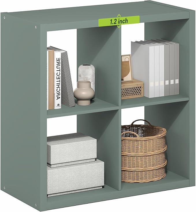 Furinno Cubicle Book Shelf, 4-Cube Bookshelf, Extra Thick Frame Reversible Bookcase with Open Back, 14.6" x 30" x 30", for Living Room, Bedroom, Home Office, Sage Green