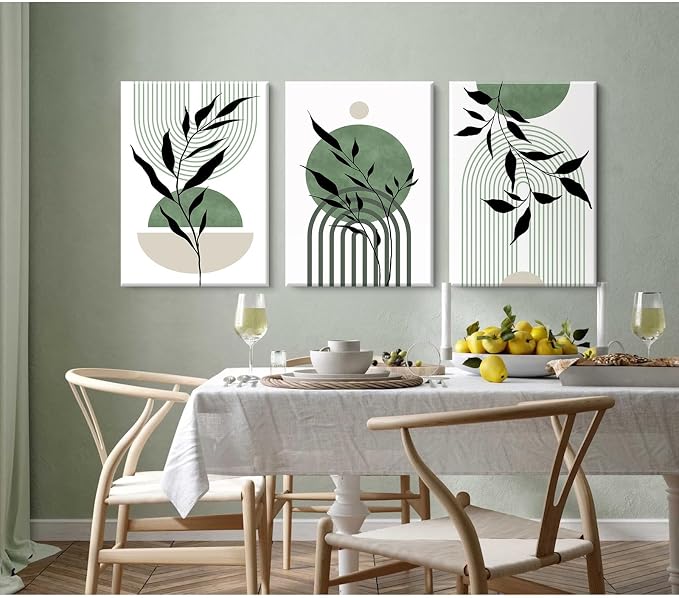Mid Century Modern Wall Art Set of 3 Sage Green Canvas Wall Art Boho Prints Green Wall Decor Black Beige Abstract Wall Art Picture Mid Century Painting for Home Bedroom 12x16 Inch Wrapped Canvas