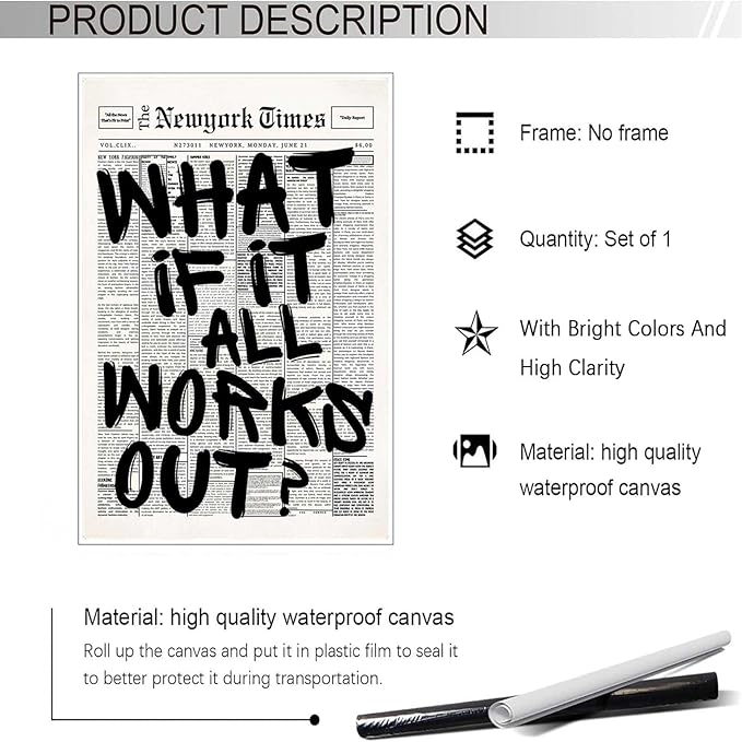 Drimiler Retro Black And White Newspaper Poster What If It All Works Out Canvas Wall Art Positive Affirming Quote Minimalist Prints Painting For Home Bedroom Dorm Wall Decor 16x24in Unframed