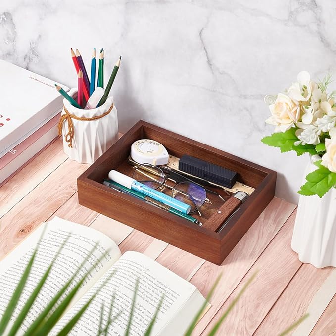 UNICRAFTALE Wood Desk Organizer Tray Rectangle Letter Tray for Office Desktop Organizer Brown Vintage Wood Paper Trays Magazine Holder Trays for File Pens Mail Keys 9.44"x6.69"x1.9"