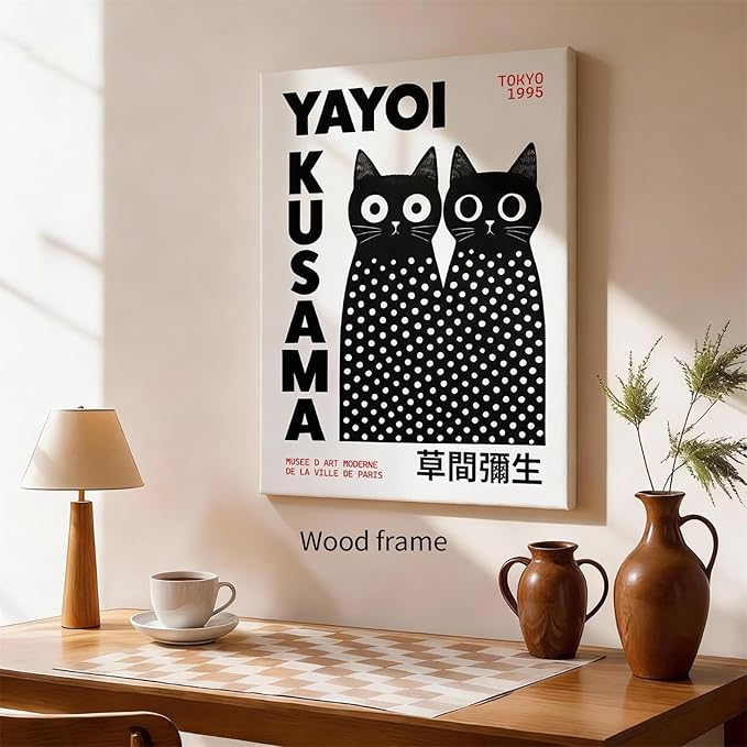 Black and White Cute Abstract Cat Wall Art Japanese Yayoi Kusama Canvas Poster 12X16 inch Framed Modern Fashion Minimalist Painting for Living Room Wall Decor Cat Lover Gifts