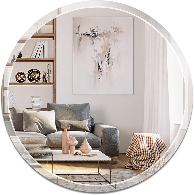 30-Inch Frameless Round Wall Mirror, Decorative Beveled Edge Bathroom Circle Mirror for Entryway, Washroom, Living Room and More