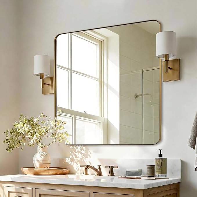 ANDY STAR Gold Bathroom Mirrors for Over Sink, 36x36 Inch Brushed Gold Wall Mirror, Rectangular Metal Framed Vanity Mirror -Modern Clean Design with Superior Stainless Steel Frame