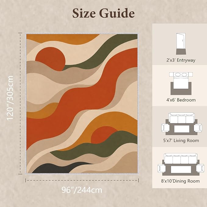Burnt Orange Abstract Area Rug 8x10, Mid Century Modern Wave Rug, Retro Wavy Geometric Washable Low Pile Non Slip Rug for Living Room Bedroom