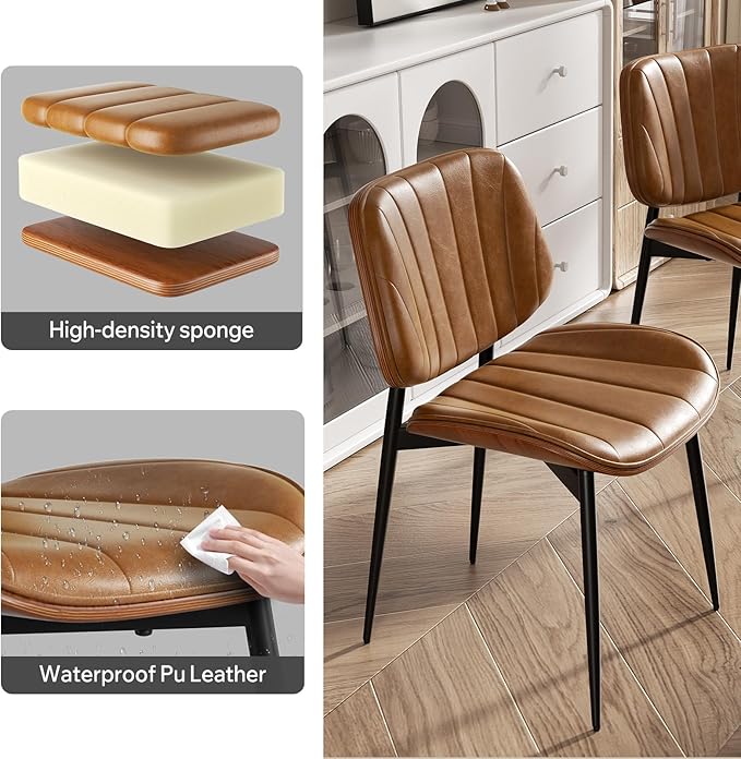 Dining Chairs Set of 2, Mid Century Modern Dining Room Chair, Upholstered Faux Leather Kitchen Chairs with Walnut Bentwood Back and Metal Legs for Kitchen Dining Room Living Room, Brown