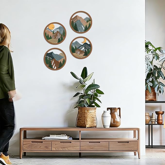 TOARTi 4Pcs Boho Mountain Wooden Wall Art,Abstract Sun Moon Pine Tree Wall Decor,Natural Mountain Landscape Artwork,Minimalist Geometric Forest Hanging Sign for Farmhouse Living Room Bedroom Office