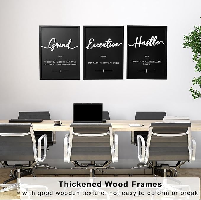 3D Wood Office Wall Art, Framed Grind Hustle Success Inspirational Wall Art, Motivational Wall Decor for Office Bedroom(Ready to Hang, 12x16 inches, Set of 3, Framed)