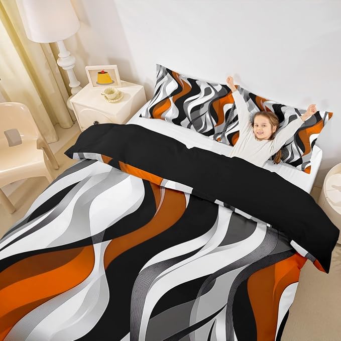 Orange Black Stripes Duvet Cover Set Queen Size,Abstract Geometric Striped Wave Bedding Set,Boys Girls Room Decor,Modern Fashion Artwork Comforter Cover,Simple Quilt Cover,2 Pillowcases(No Filler)