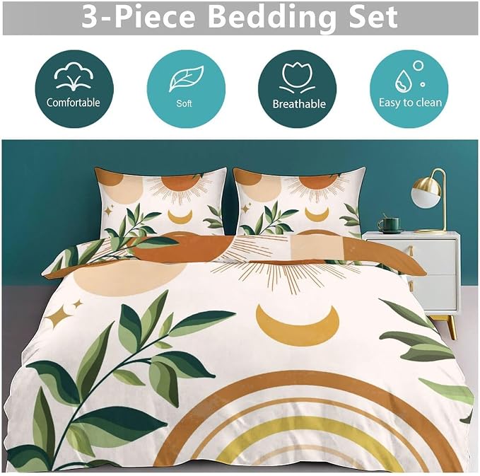 Mid Century Leaf Bedding Set,Boho Tropical Nature Plants Modern Minimalist Comforter Set with Pillowcase for Bedroom Bed Decor,King 102"x90"