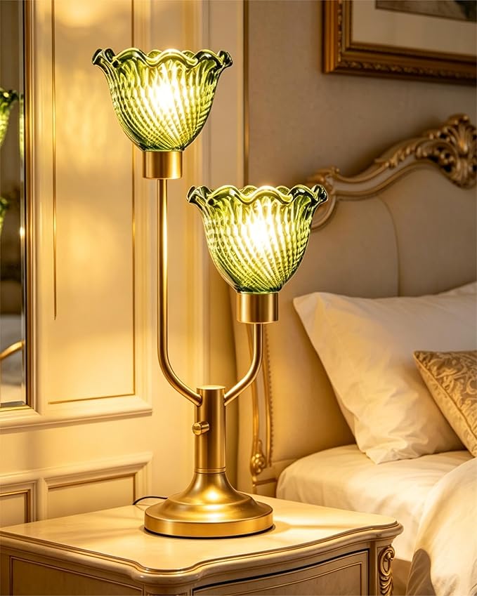 Lightdot Vintage Green Glass Table Lamp for Living Room Dimmable Mid Century Modern Desk Lamp Gold Flower Nightstand Lamp 2 Bulbs Included Warmwhite Ambient Bedside Lamps for Bedroom Home Office Decor