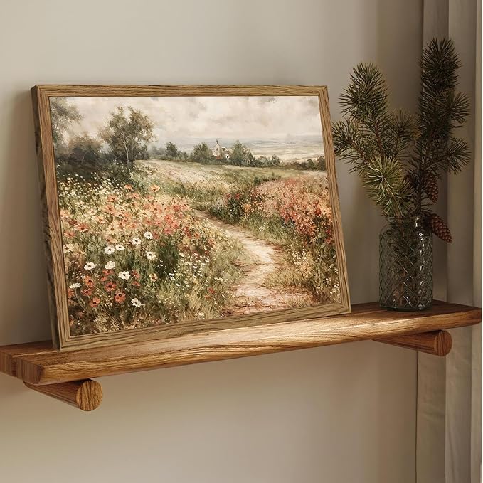 Vintage Floral Wall Art Nature Country Wildflower Wall Decor Painting Modern Botanical Flower Farmhouse Landscape Artwork 3D Textured Sandstone for Living Room Bedroom 12x16 inch Wood Framed