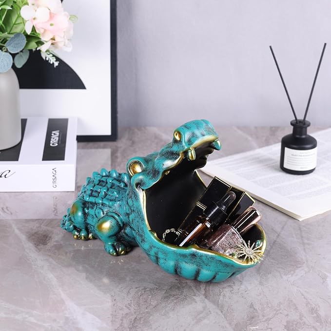 Alligator Statue Key Bowl, Fun Animal Statue Candy Dish for Entryway Decorative Bowl, Office Candy Dish, Big Mouth Sculpture Home Living Room Trinket Container Storage Box (Green)