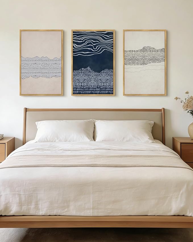 KUVIOKE Navy Blue Abstract Framed Wall Art Modern Neutral Minimalist Wooden Pastel Boho Wall Decor Farmhouse Rustic Art Painting Home Decor 24x36in (Natural Framed)