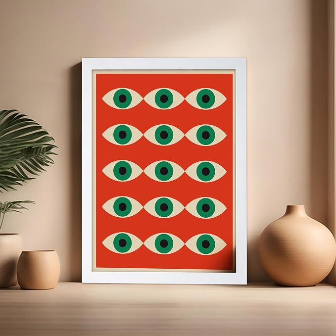 Poster Master Bauhaus Poster - Red Evil Eye Print - Graphic Design Art - Eye Art - Geometric Art - Chic Boho Art - Mid Century Modern Art - Living Room or Bedroom Wall Decor - 16x20 White Framed